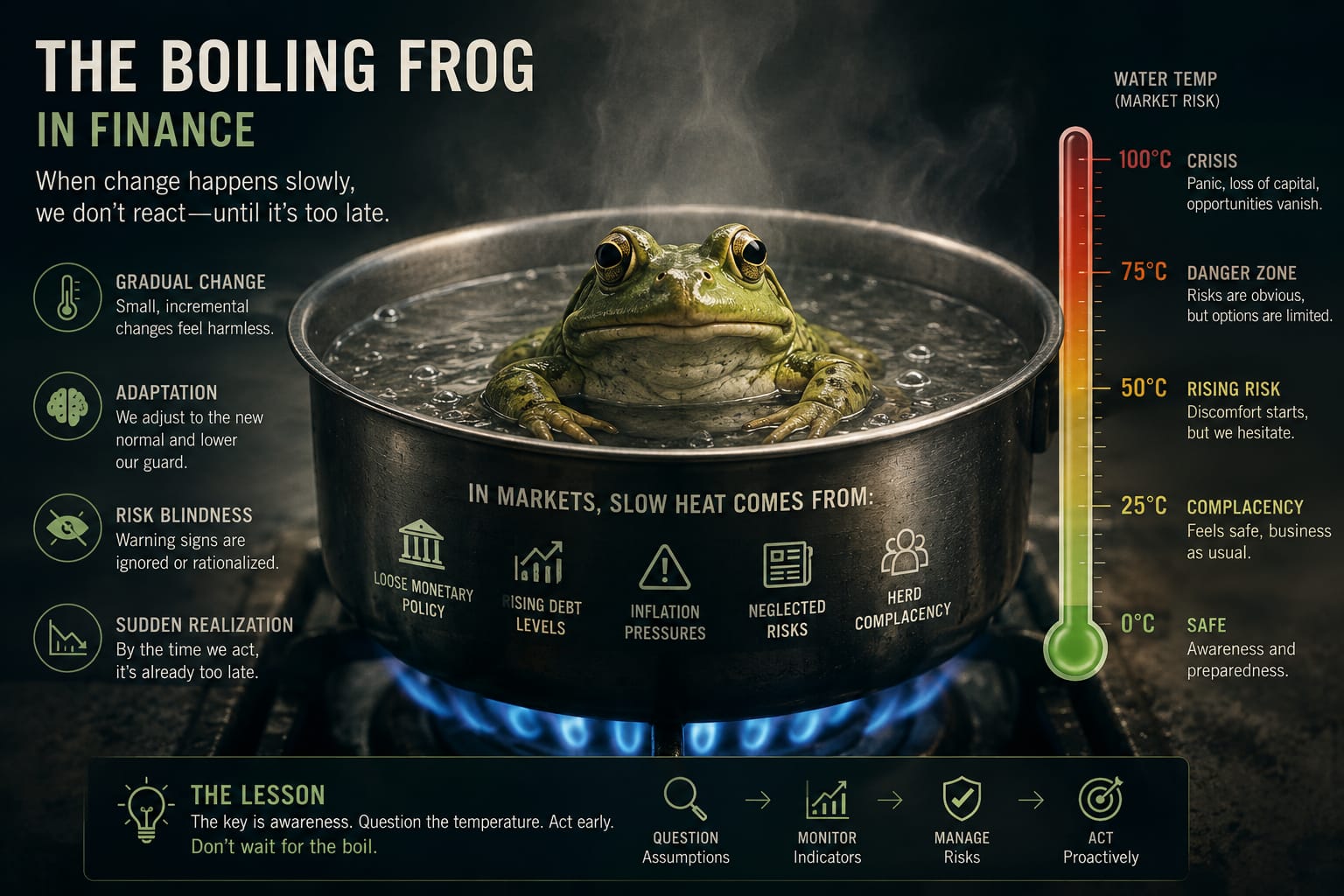 The boiling frog in finance: a thermometer scale of market risk from safe to crisis, with the slow heat in markets coming from loose monetary policy, rising debt levels, inflation pressures, neglected risks, and herd complacency